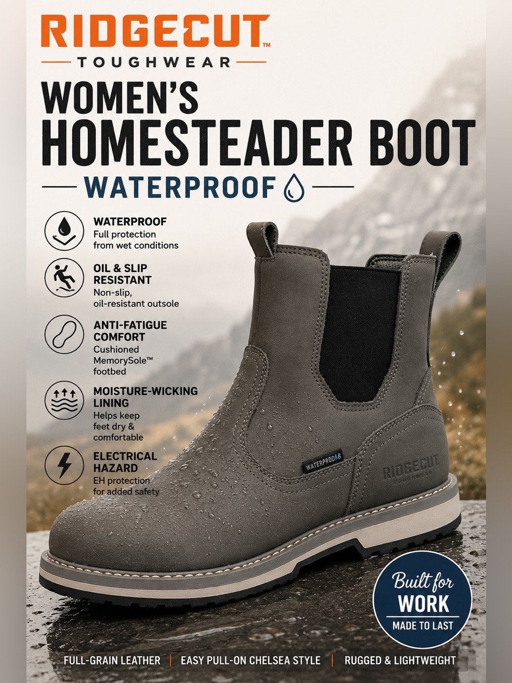 Ridgecut Toughwear Women’s Homesteader Waterproof Leather Work Boots Gray Sz 10